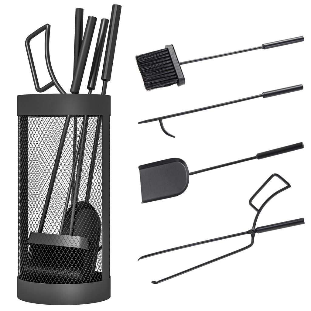 5-Piece Fireplace Tools Set with Mesh Basket, Indoor Outdoor Fireside Accessories for Fireplaces, Fire Pits, Black