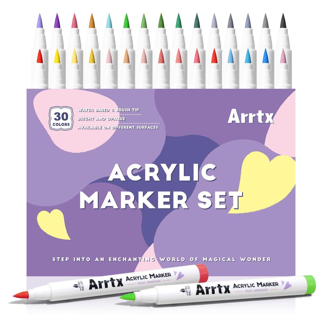 Arrtx Acrylic Paint Pen 30 Brush Tip Acrylic Marker Pen for Rock Fabric and DIY Projects Colors, Painting, Wood, Glass, Canvas, Metal, Plastic, (A)