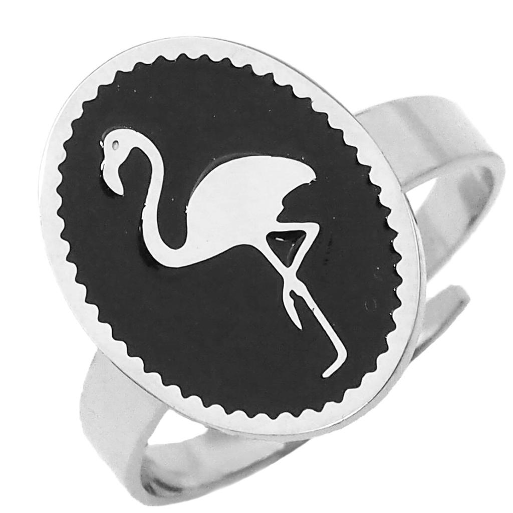 Les Trésors De Lily [Q2450] - Bague créateur acier 'Flamant Rose' noir argenté - 16x12 mm