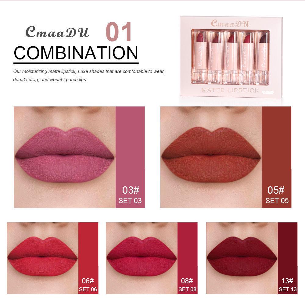 CmaaDu Velvet Matte Lipstick Set: 5-Piece True Red Moisturizing Gloss for European & American Makeup.