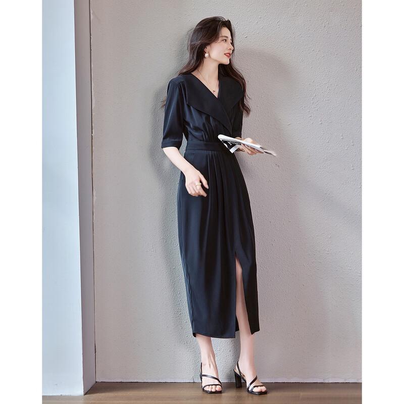 Demana Black Swan Dance Summer Lapel Waist-Cinching Midi Dress