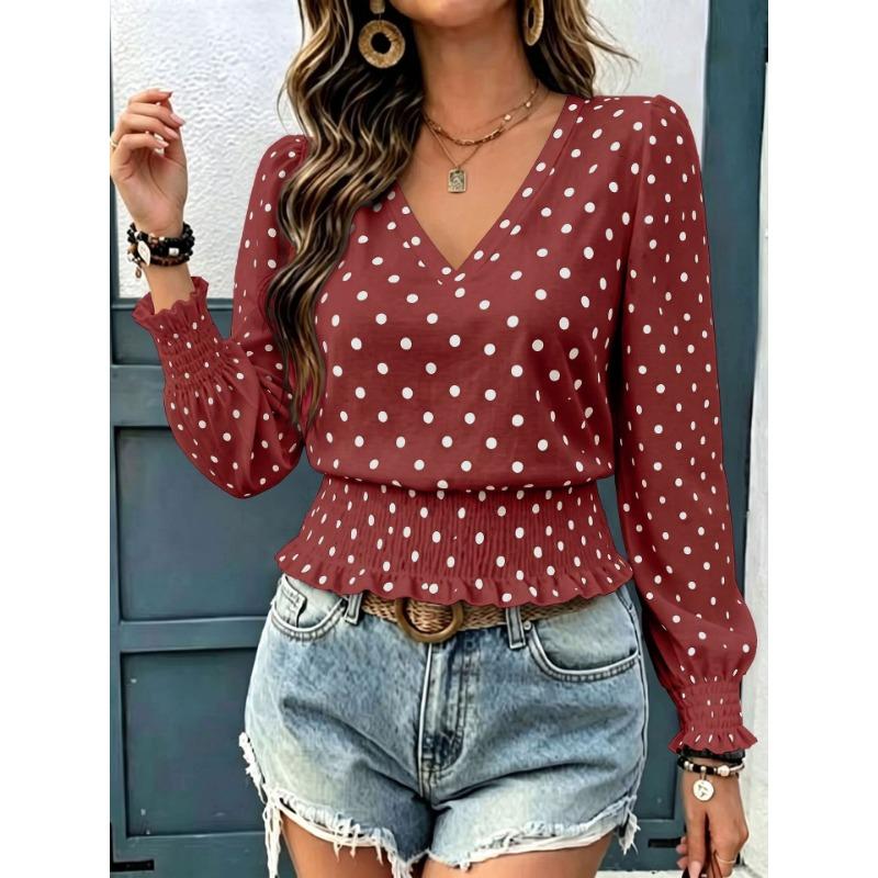 Long Sleeve V Neck Polka Dot Casual Top