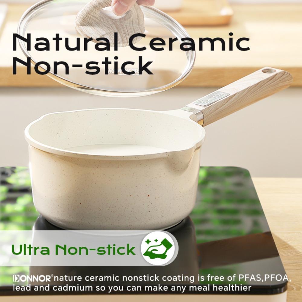 DONNOR Ceramic Nonstick Sauce Pan with Lid 2QT Milk Pot Compatible with All Stovetops 1-3 Use PFAS / PFOA Free,white