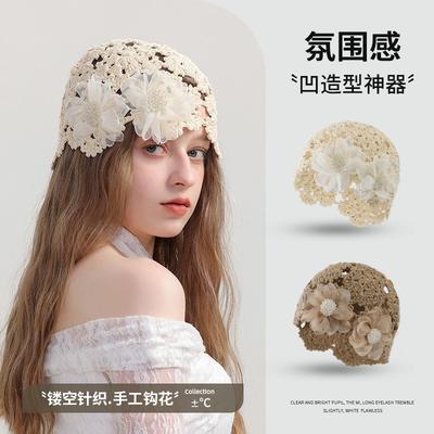 Fashion Sweet Flower Hollow Bag Hat Women's Spring and Autumn Handwoven Crochet Flower Headscarf Hat Vacation Retro Knitted Hat
