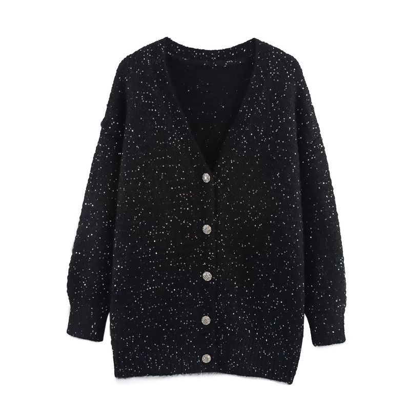 Kaslead New Women clothes Western Style Fashion Simple Sequins Sweater V-neck Cardigan Long sleeve