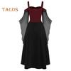 Women Cosplay Dress Gothic Style Witch Halloween Party Costume Lace-up Strap Collarless Color Matching Long Horn Sleeves A-line Performance Dress