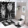 Rustic African Lion 4 Pcs Waterproof Shower Curtain Set,Summer Tropical Jungle Wildlife Lion Father and Son with Waterproof Toilet Cover Shower Mat