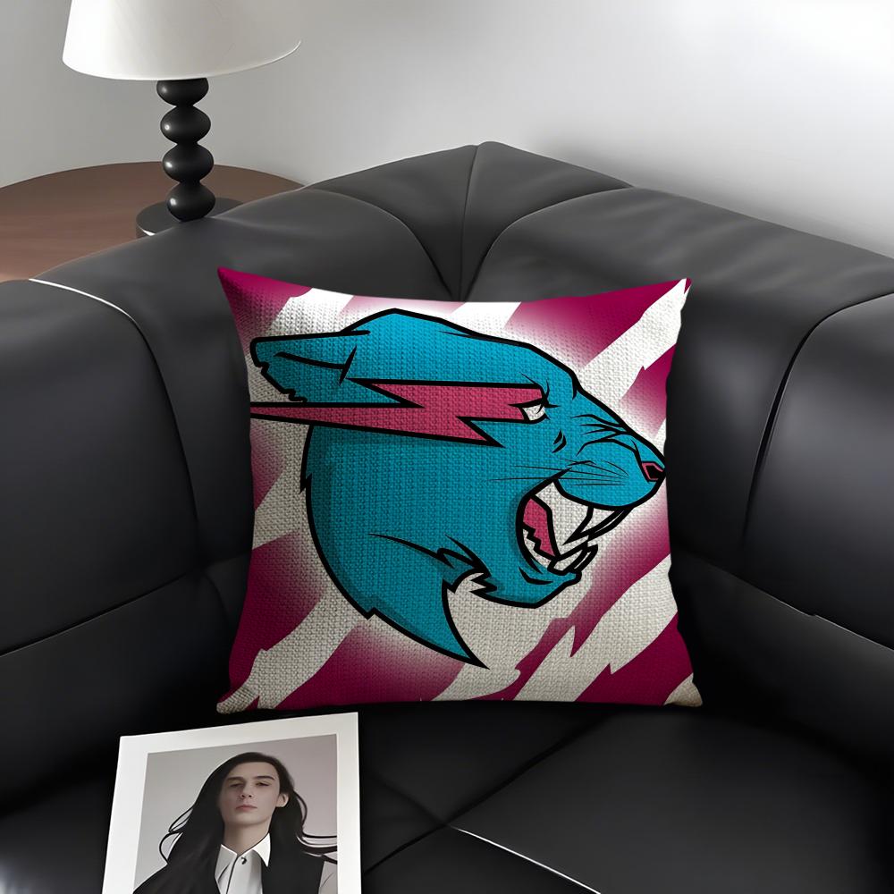 Housse de coussin Logo Mr Cute B-Beasts Lin Naturel Tissu Biologique Impression Double Face Décoration de Canapé Maison Housse de Coussin Cadeau
