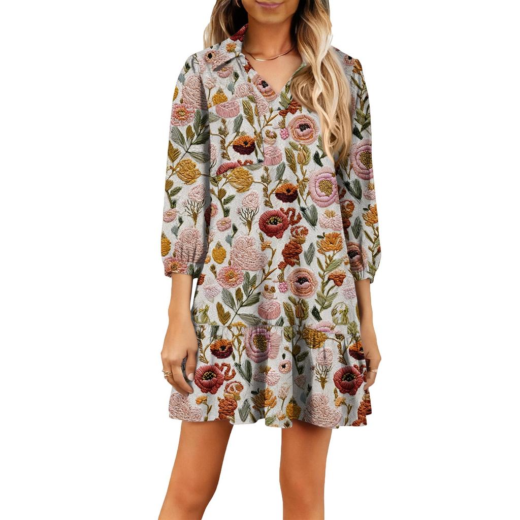 Women's Fashion Elegant Autmn And Winter Long Sleeve V,Neck Christmas Print Dress