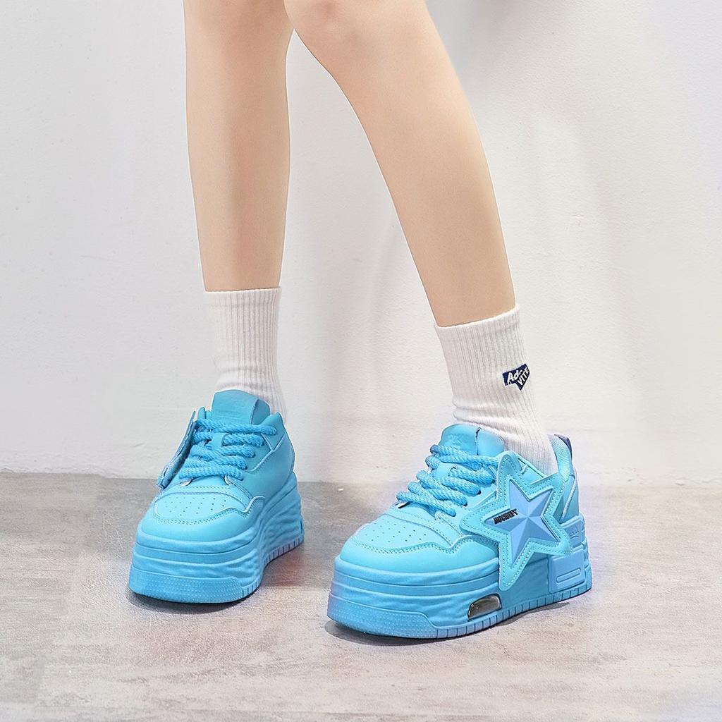 Pink Women Leather Flat Shoes Spring Autumn Chunky Increased Woman Casual Sneakers Fashion Lace-up Vulcanized Shoe Zapatos Mujer