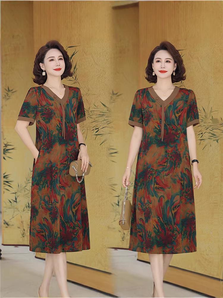 Elegant Short Sleeve Plus Size Summer Dress for Middle-Aged and Elderly Women
