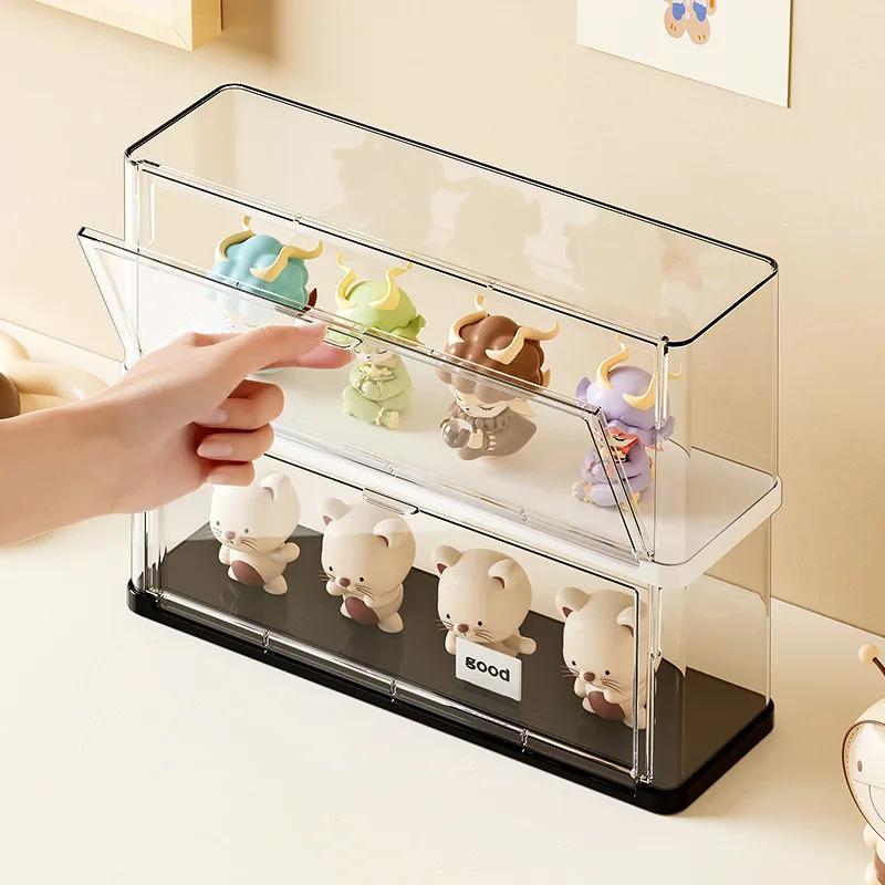 Stackable blind-box storage case, figure display box, dustproof PET clear organizer with stand for dolls and collectibles