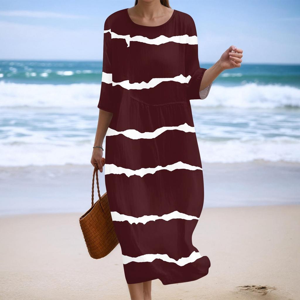 Women's Fashionable Printed Round Neck Seven Quarter Sleeve Loose Dress