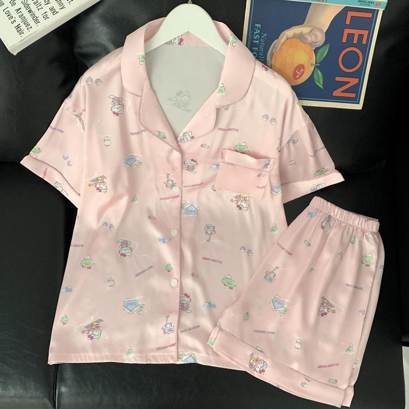Sweet And Cute Wind Cartoon Ice Silk Pajamas Girl Summer Short-Sleeved Silk Cool Loungewear Suit M