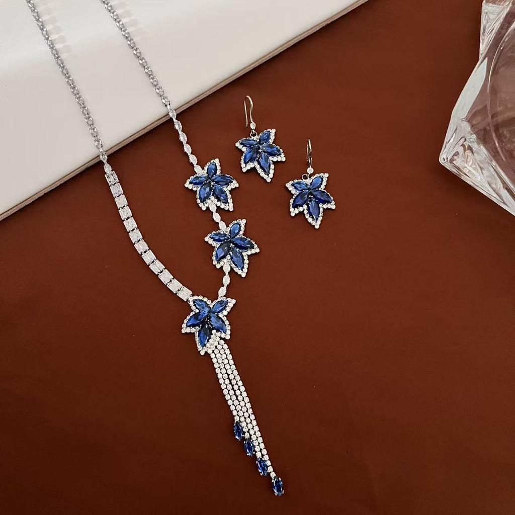 20 Maple Leaf Flower Zircon Necklace Earrings Set Handmade Zircon Exquisite Jewelry Set