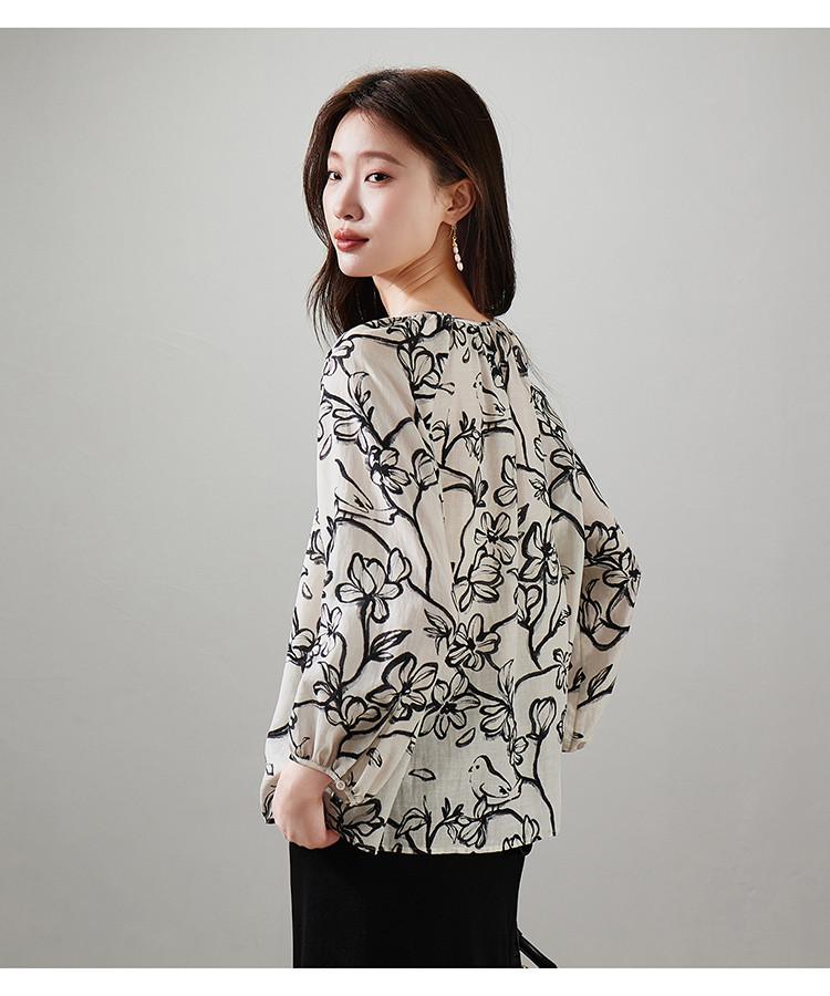 Lyocell linen printed shirt for women's 2026 spring commuting versatile round neck niche top