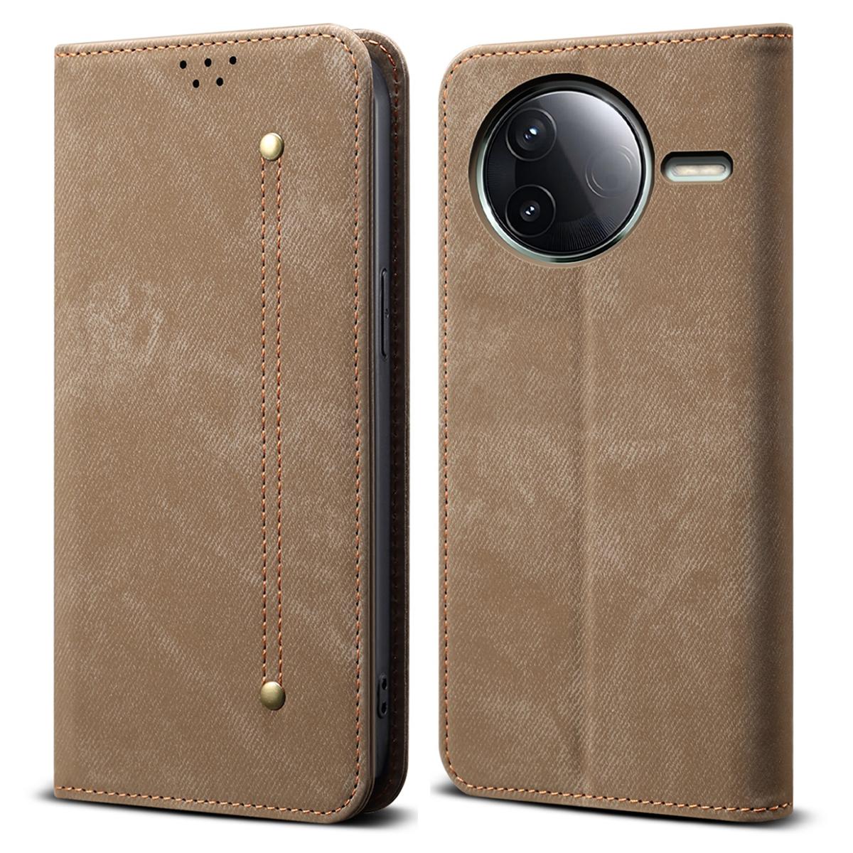 

For Xiaomi Poco F7 Pro 5G/Redmi K80 5G Case Jeans Cloth Texture Anti-Scratch Leather Stand Phone Cover Khaki