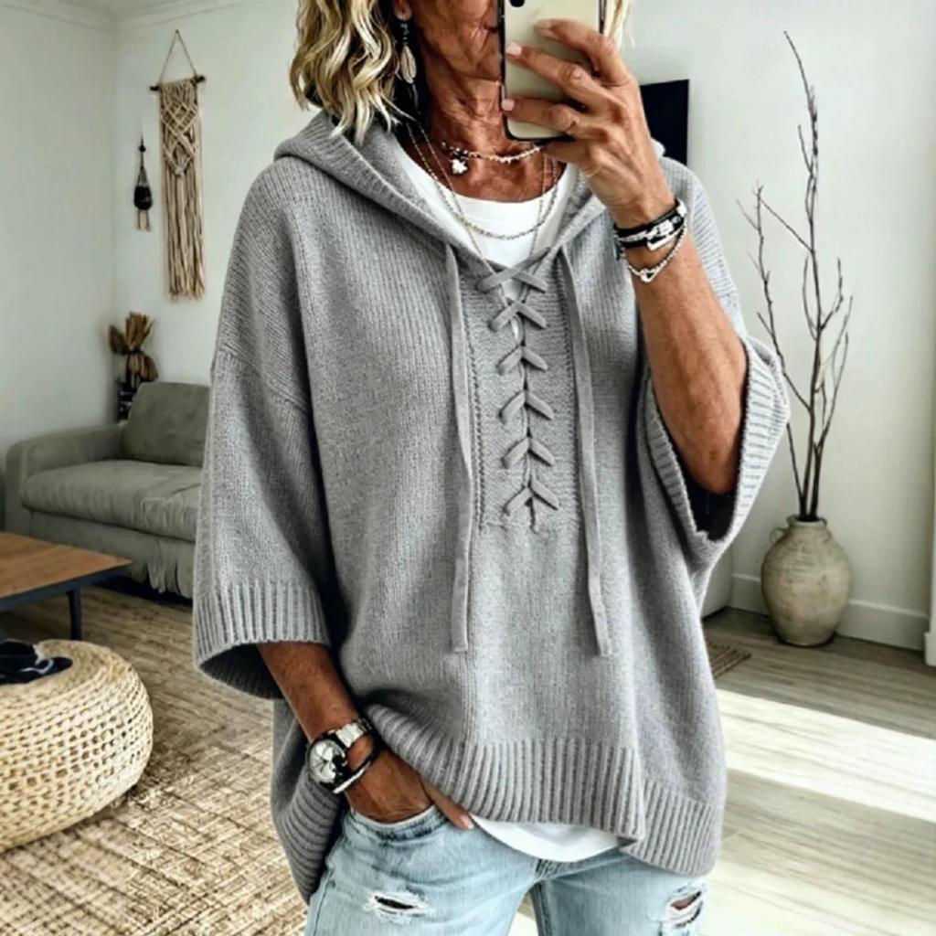 Europe & America Solid Color Hooded Sweater - Autumn 2026, Loose Knit Top with Drawstring for Women