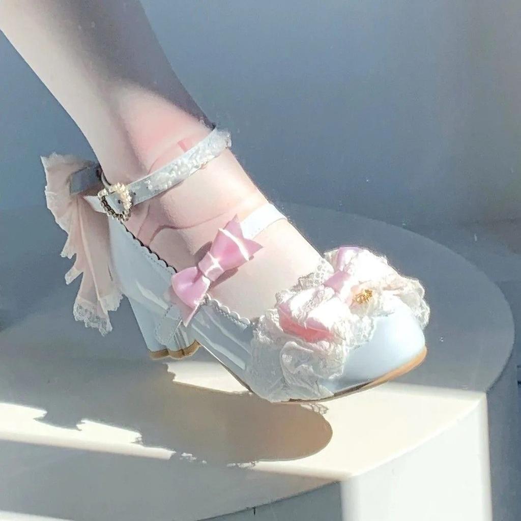 Sweet Girls Lolita Wedding Dress Kitten Heels Shoes Young Women Students Cute Sakura Lace Bowknots Princess Mary Janes Sandals