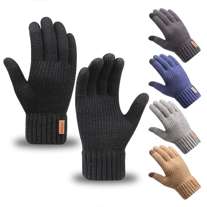 Men's Warm Gloves Winter Touch Screen Knitted Gloves with Leather Label Windproof Motorcycle MTB Bike Cycling Glove Mitten