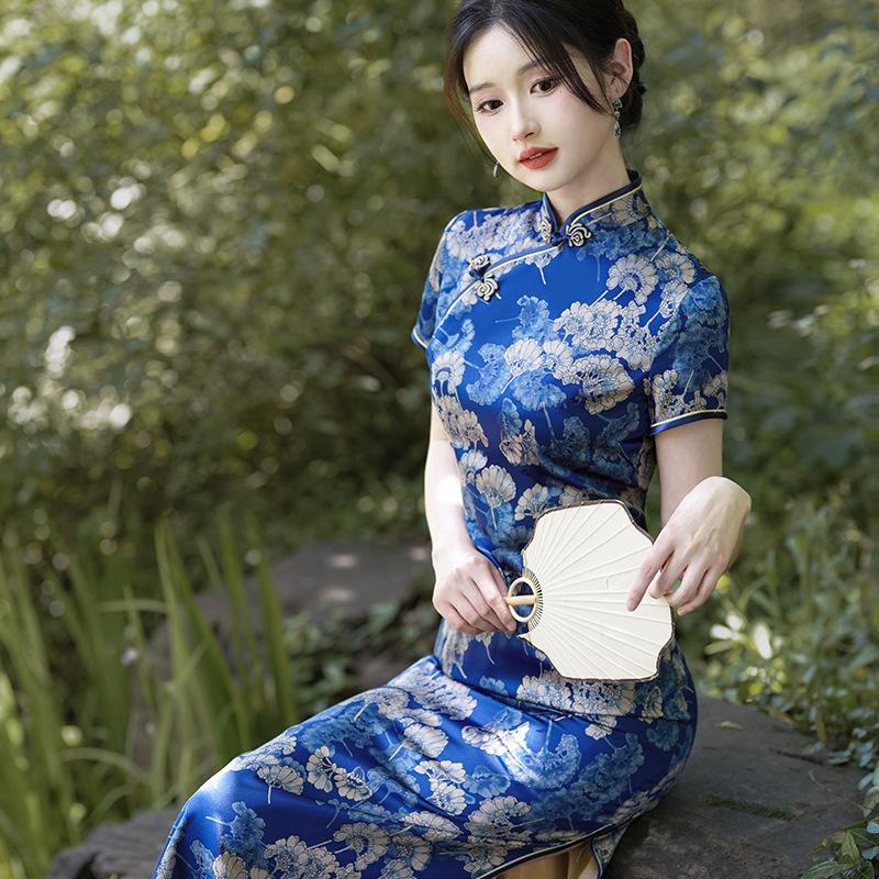 1011 New Chinese style national style spring and summer new cheongsam dress temperament satin dress cheap performance clothes