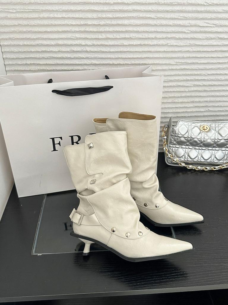 New European and American rivet wrinkled boots pointed wrinkled fashion boots thin high heel thin boots