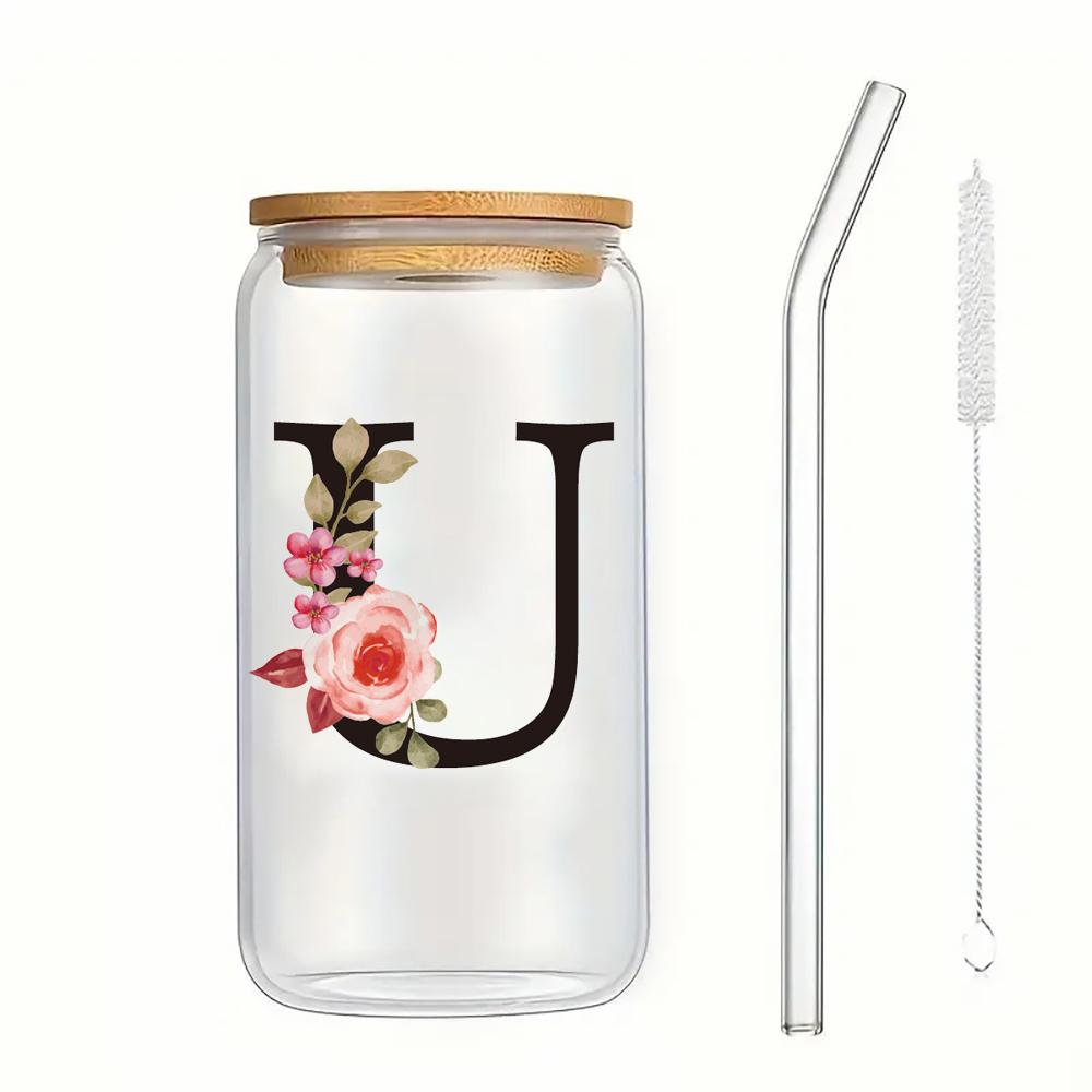 500ml Buchstaben Blume A-Z Kaffeetassen Büro Zuhause 16OZ Glastasse mit Bambusdeckeln & Strohhalm Geburtstags- Valentinstagsgeschenke Tasse Frauen