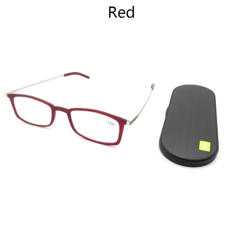 

Очки для чтения с защитой от синего света, портативные квадратные очки для пресбиопии с футляром, тонкие очки по рецепту, мужские очки +150 красный