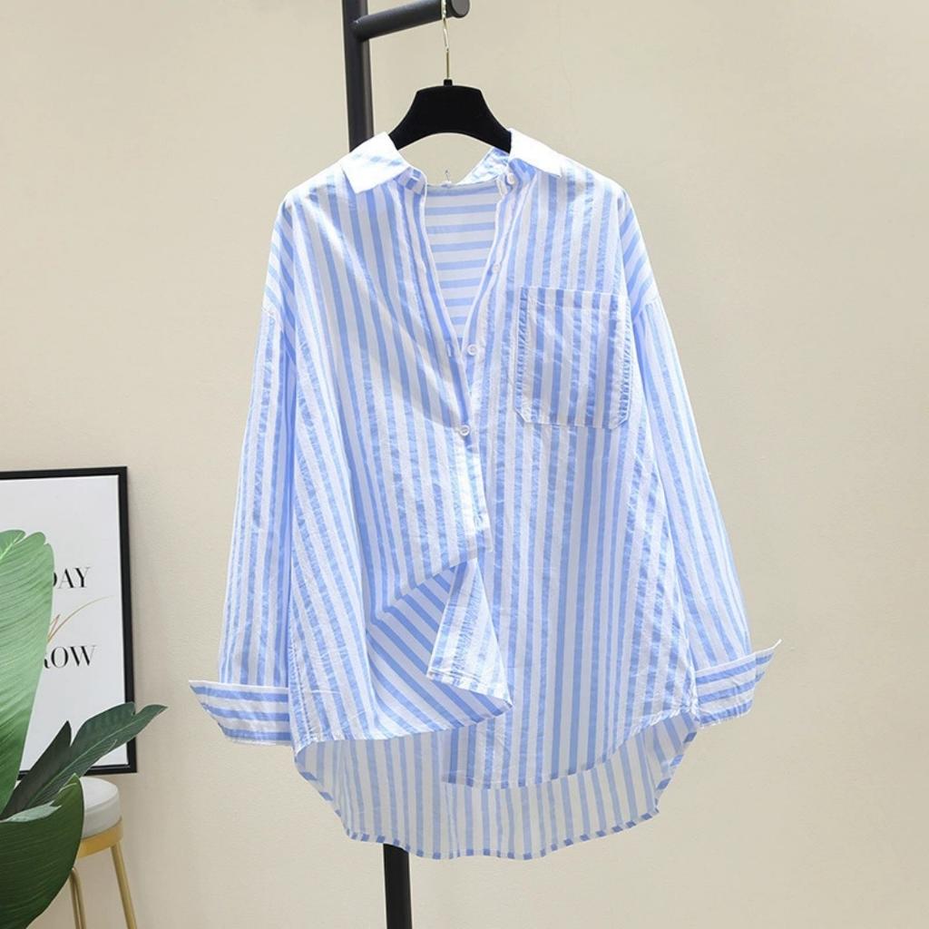 Spring and Summer Long-sleeved Shirt Women's Fashion Casual Vertical Striped Loose Shirt Women