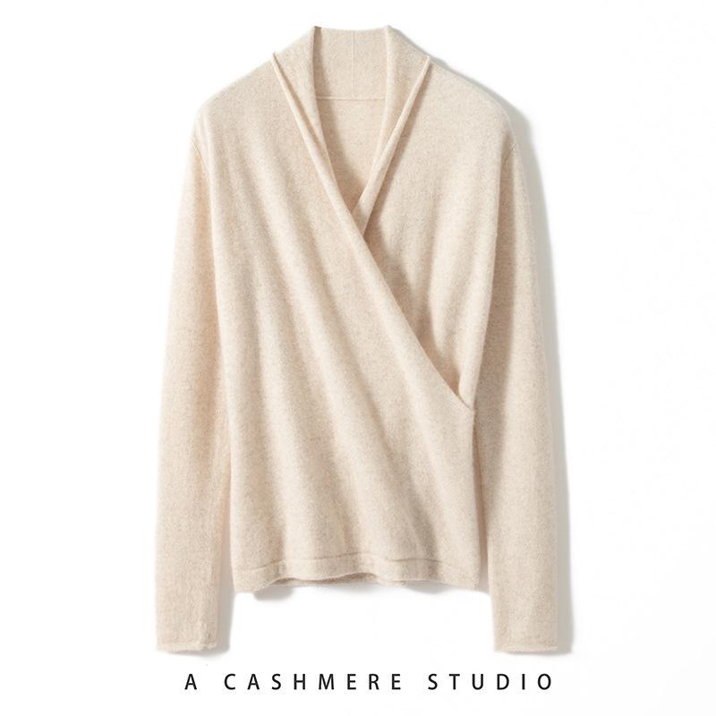 Elegant Slim-Fit Cross V-Neck Cashmere Knit Sweater - Women's Autumn Solid Color Pullover