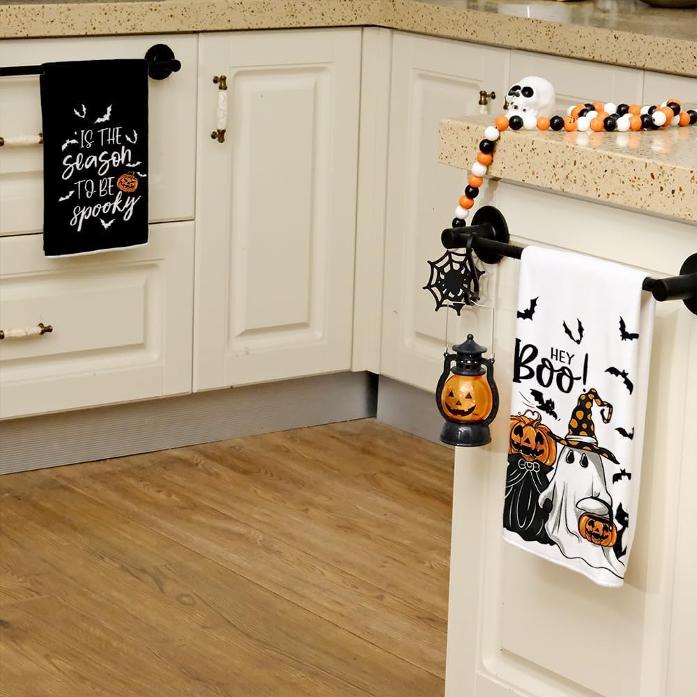 ARKENY Pumpkin Ghost Halloween Kitchen Towels Set of 2,Black Bat Boo Dish Towels 18x26 Inch,Farmhouse Home Indoor Vintage Party Decoration AD394