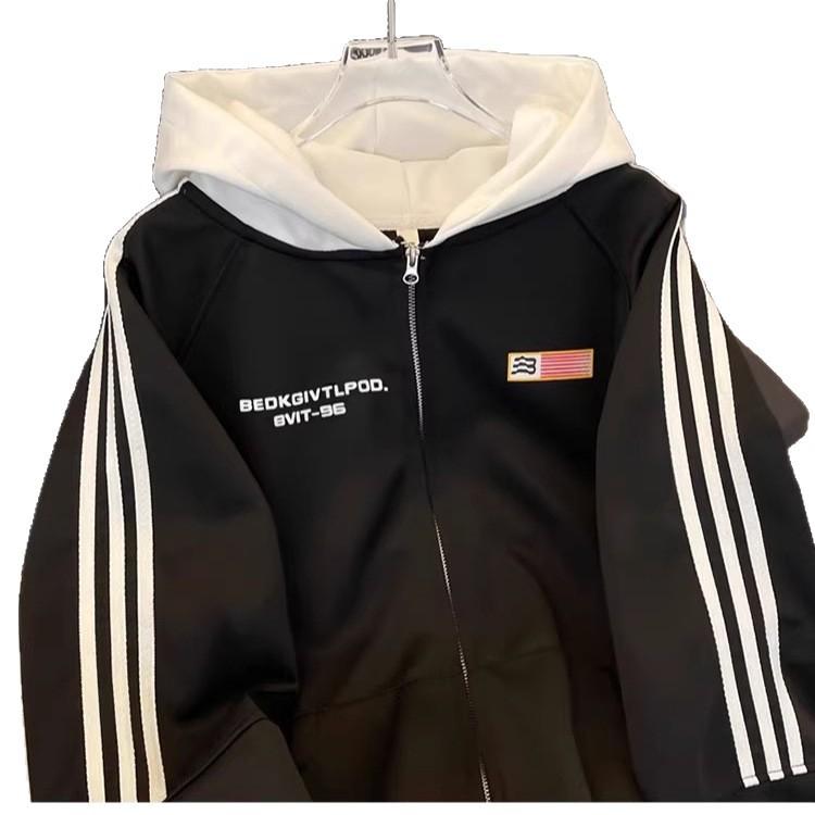 Vintage Splicing Three-bar Hooded Sweater Men's and Women's New 2026 Spring and Autumn Zipper Baseball Jacket