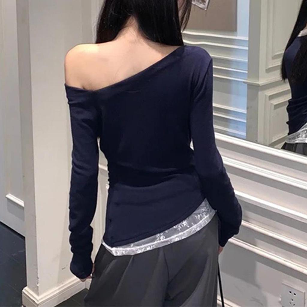 Women's Off-Shoulder Lace Splicing Long-Sleeve Top - Sexy Slim-Fit for Spring/Autumn 2026
