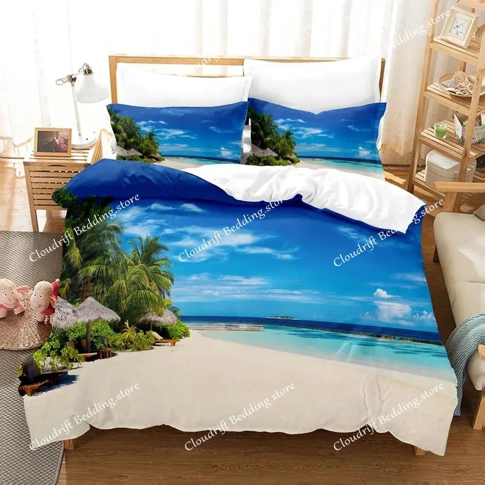 3D Landscape Duvet Cover King Full Size Summer Palm Trees Beach Sea Waves Ocean Theme for Kids Girl Boys Polyester Bedding Set