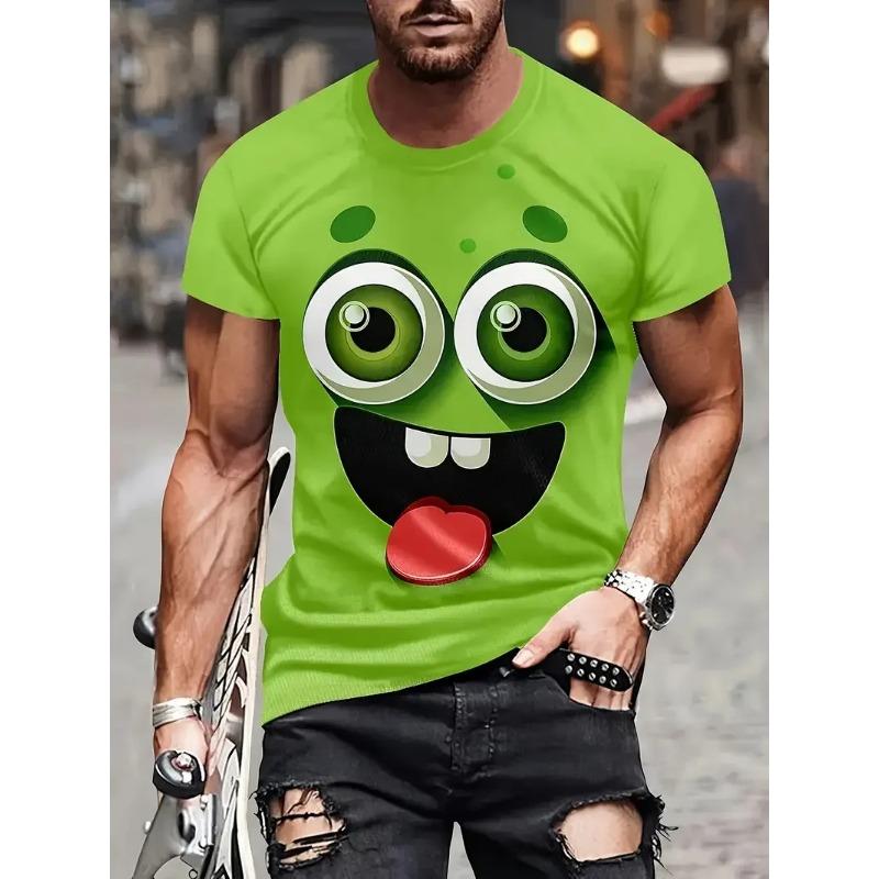 Summer Round Neck Cartoon Face Graphic 3D Print T-shirts Fashionable Casual Short Sleeved Men's T-shirts