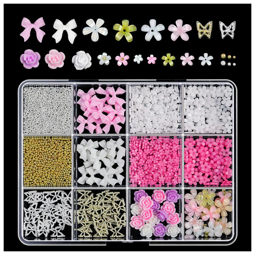 1 Box Colorful Mixed Nail Charms 3D Bowknot Flower Star Pearls Rhinestone Nail Art Decorations DIY Manicure for Nail Salon
