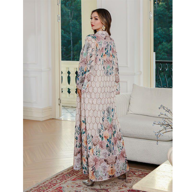 

Arab Small V-neck Print A Word Plus size Women Robe Pullover Loose Dress Dubai Travel Formal Dress Dress Flower color 2XL