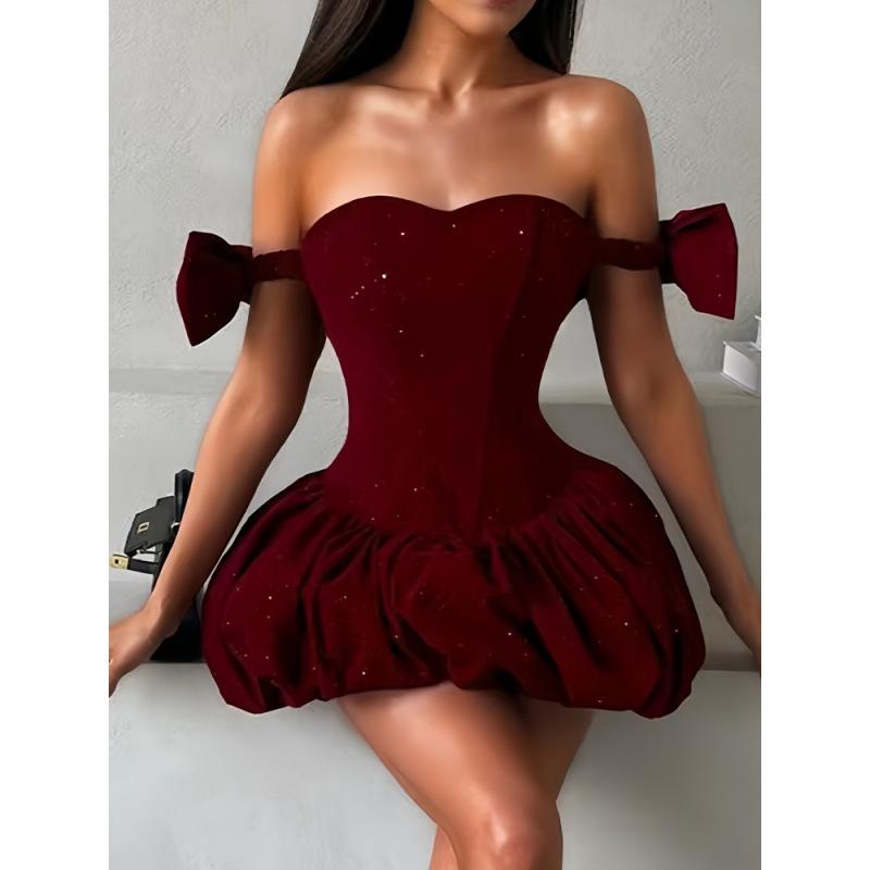 2025 One-Shoulder Strapless Dress with Bow & Sequin Waist