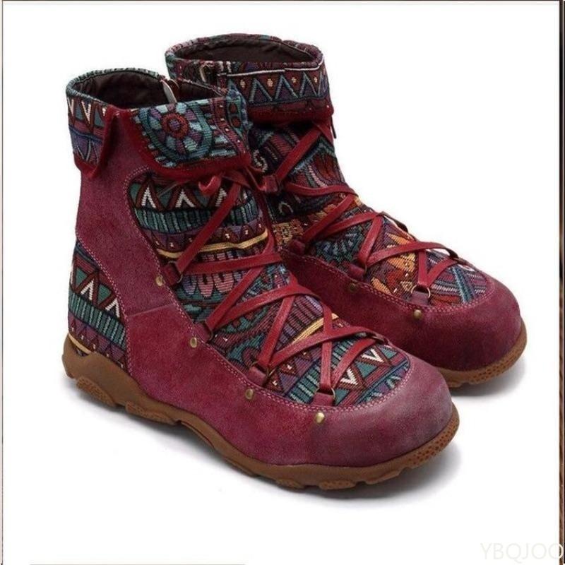 Fashion Women's new flat bottomed short boots with tie up ethnic style simple comfortable versatile daily casual women's boots