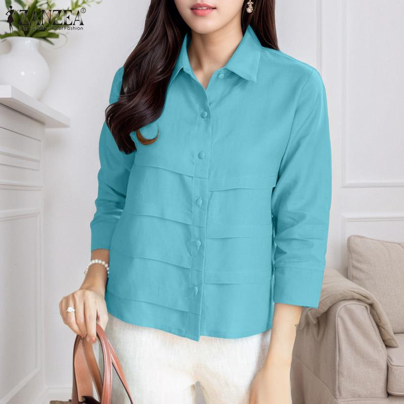 

ZANZEA Women Classic Collar Loose Casual 3/4 Sleeve Plain Blouse S