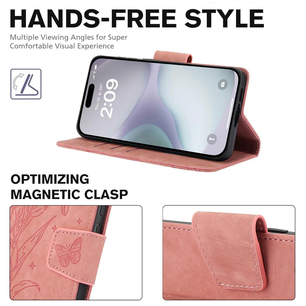 For iPhone 17 Pro Case Flower Butterfly Leather Wallet Phone Cover with Hand Strap