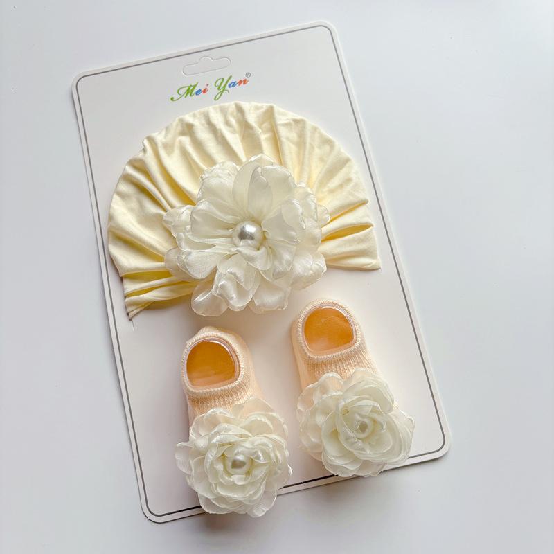 Flower Baby Turban Cap Socks Set Lace Bowknot Newborn Indian Hat Solid Cotton Kids Boat Sock Children Headwear Hair Accessories