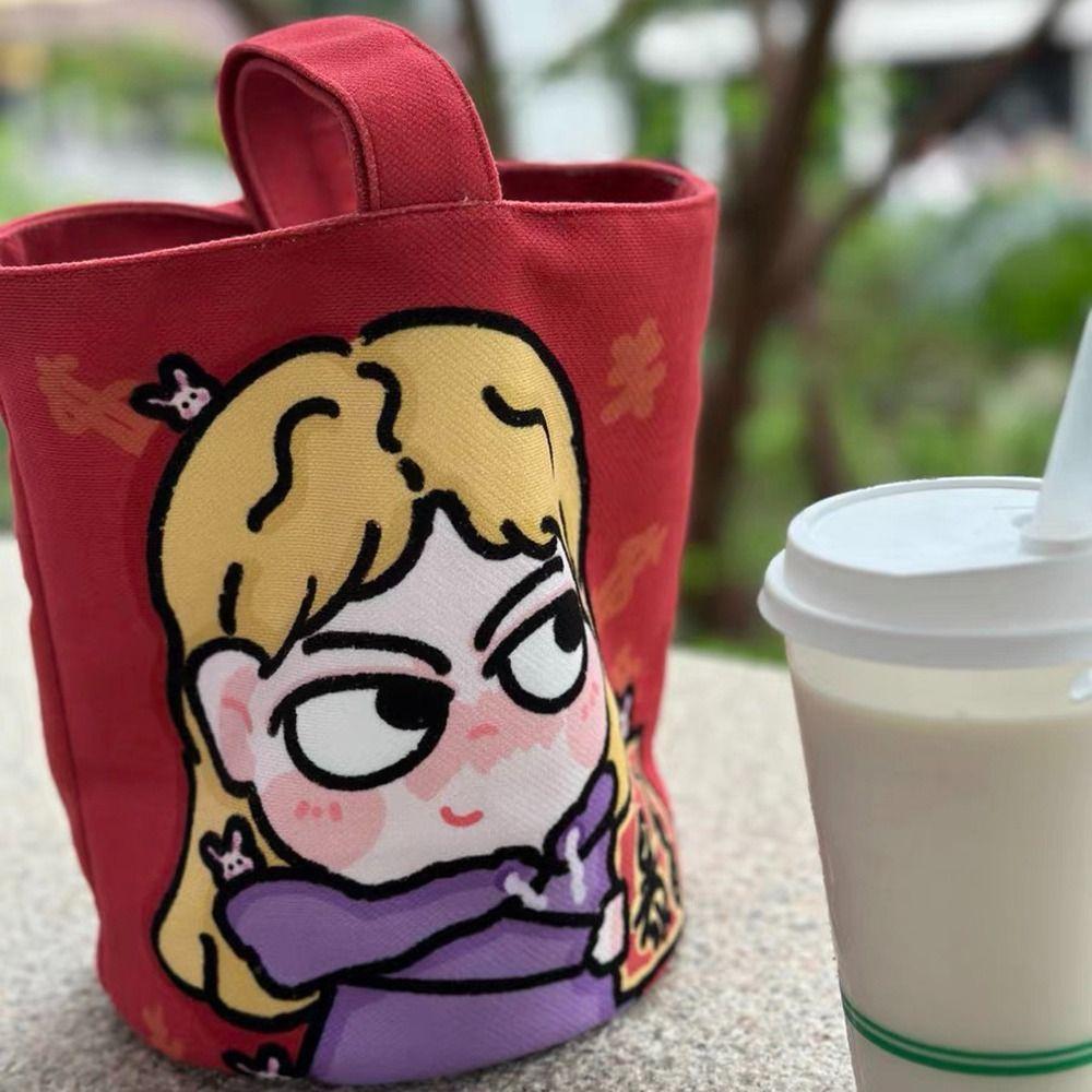 Lovely Girl Canvas Cartoon Bucket Handbag Letter Cartoon Lunch Bag Sweet Letter Tote Bag  Outdoor