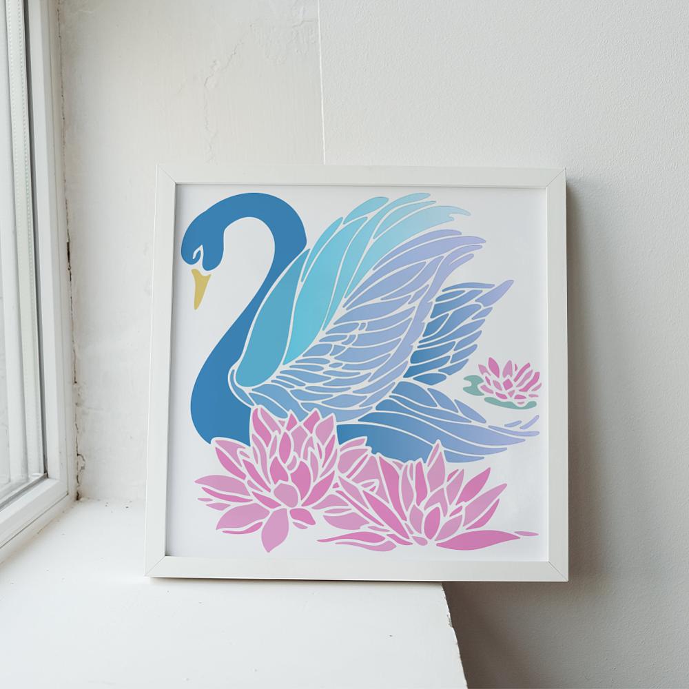 1Pc PET Hollow Out Drawing Painting Stencils, for DIY Scrapbook, Photo Album, with 1Pc Art Paint Brushes, Swan, 300x300mm