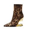 Fashion Kaky's New Leopard Print Pointed Toe High Heel Wolf Teeth Slope Heel Large Women's Boots Short Boots