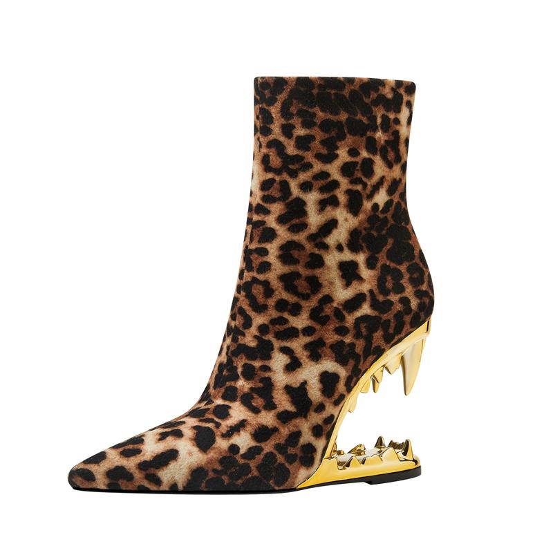 Fashion Kaky's New Leopard Print Pointed Toe High Heel Wolf Teeth Slope Heel Large Women's Boots Short Boots