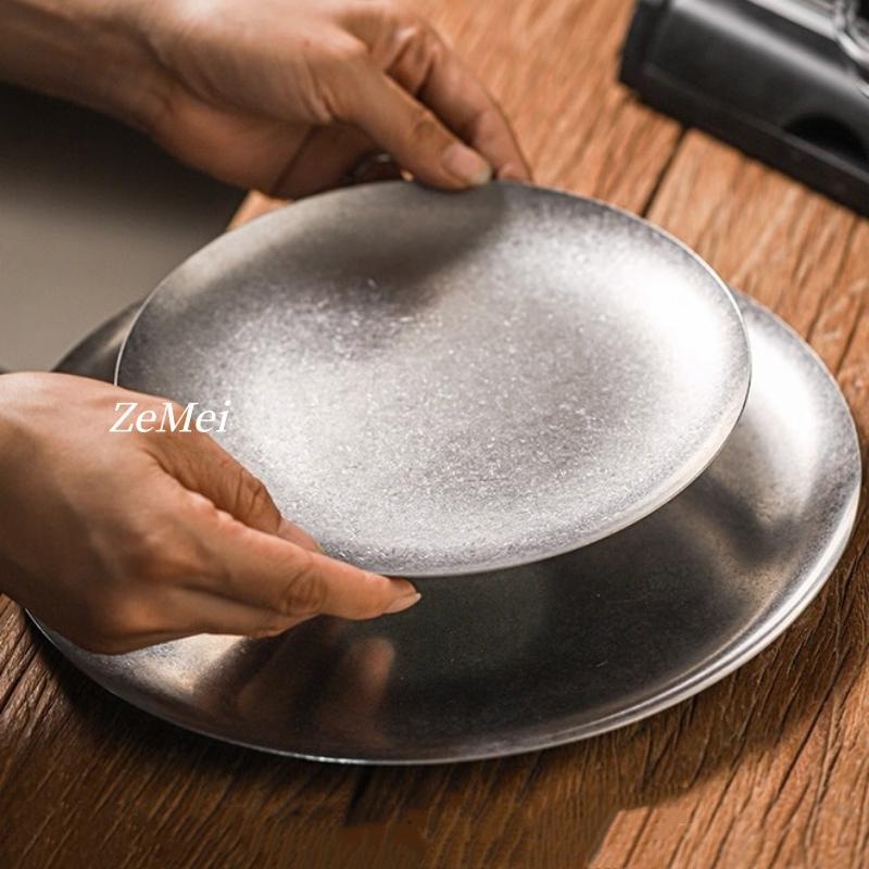 Retro Stainless Steel Circle Dinner Plate,Gray Heat-Resistant Home Steak Plate Dinner Dishes Grill Tray Tableware,Kitchenware