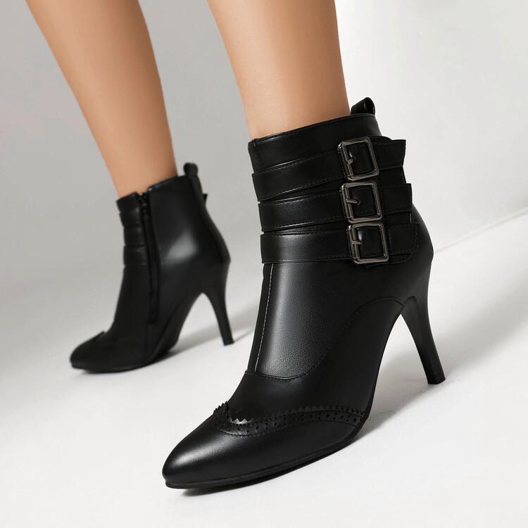 Quelle Herbst und Winter neu spitz zulaufende mittelhohe Absätze dünne Absätze Metall Doppel Schnalle Gürtel modische seitlicher Reißverschluss Martin Stiefel