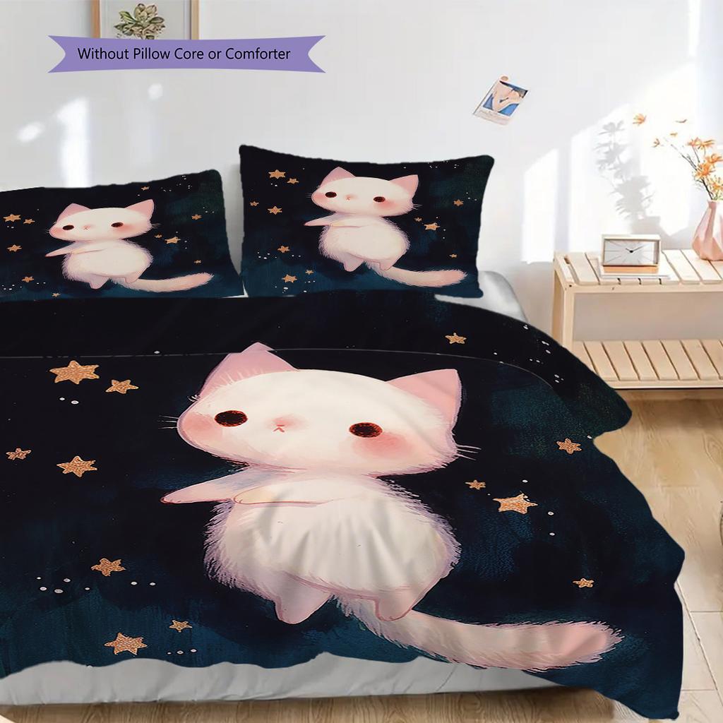 White Cat Pattern Bedding Quilt Set Quilt Cover Pillowcase Home Decoration Birthday Gift (1 * Duvet Cover + 2 * Pillowcase, Without Core)