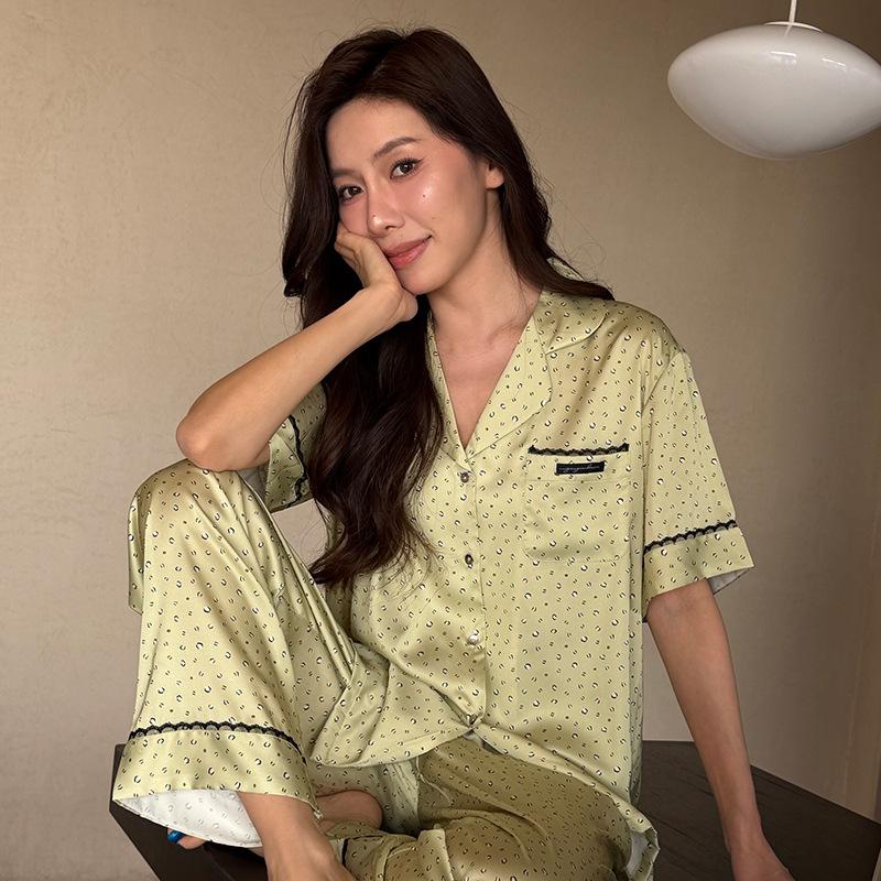 Black label pocket leopard print pajamas light luxury thousand gold wind short-sleeved pajamas women's ice silk spring summer comfortable loungewear